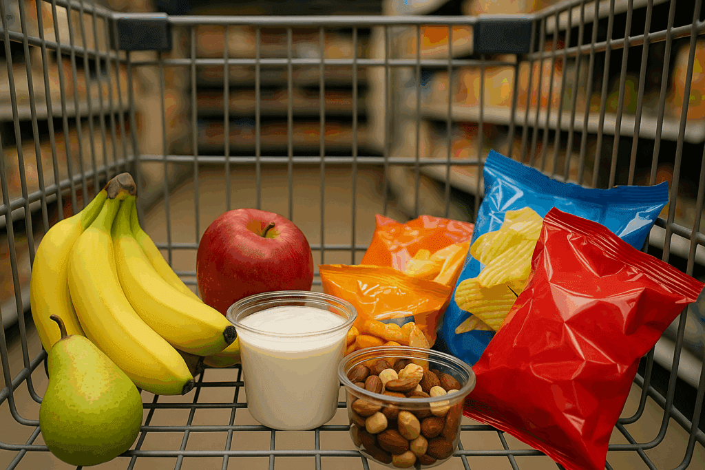 "Grocery cart comparison showing whole foods versus processed items to highlight the best snacks to eat for wellness."