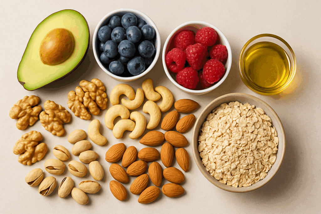 Flat-lay of mixed nuts on a neutral background highlighting the best nuts for high cholesterol in a balanced diet