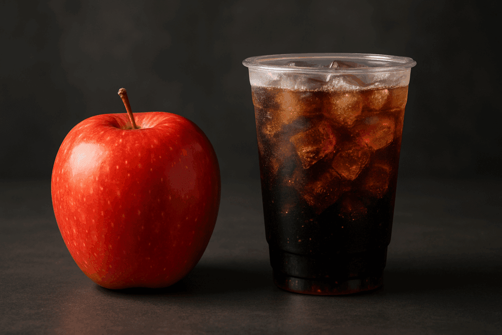 High-calorie soda and nutrient-dense apple side by side to highlight the calorie context within a nutrition chart