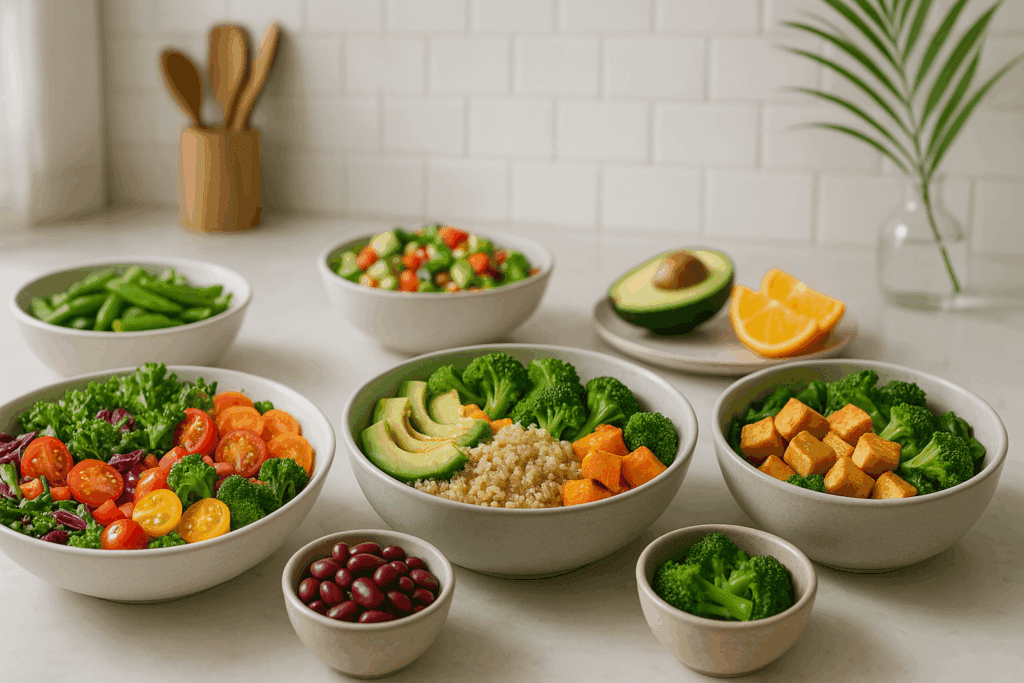Meal prep containers filled with high-protein foods used in various different types of diets for muscle gain and fat loss.