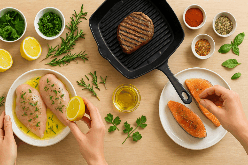 Top view of fresh, unprocessed meats ideal for heart health, visually answering the question of which meat has the least salt.