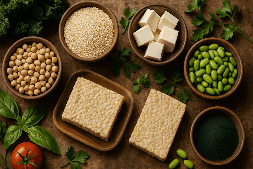 Infographic-style meal breakdown showing protein portions at breakfast, lunch, and dinner reflecting tips on ways to include protein in daily diet.