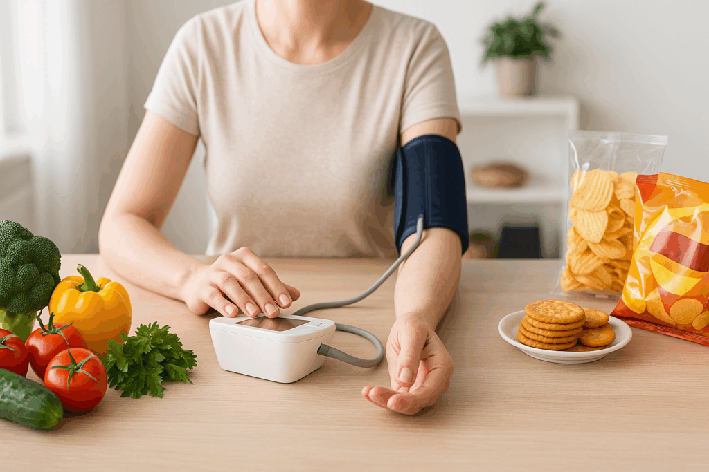 Man checking his blood pressure next to a table with low-sodium foods, addressing the question of how much sodium is too much.