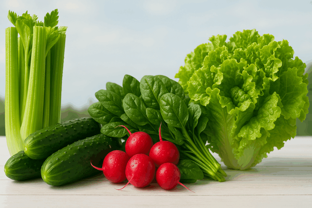 Healthy plate of crisp cucumbers, leafy greens, and radishes featuring the best 0 calorie snacks for low-calorie snacking habits.