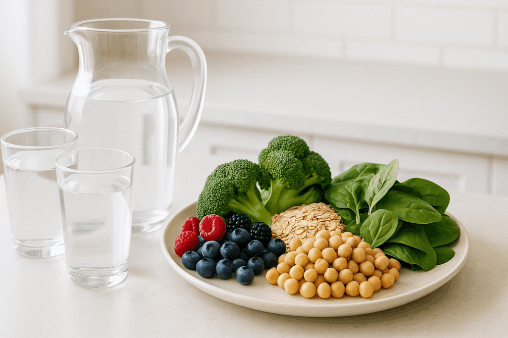 Balanced meal with chicken, quinoa, avocado, and spinach, providing a real-life example of what is a balanced diet.