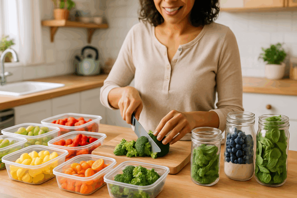 Bright kitchen scene with smoothies, salads, and grain bowls made from basic fruits and vegetables promoting healthy eating habits.