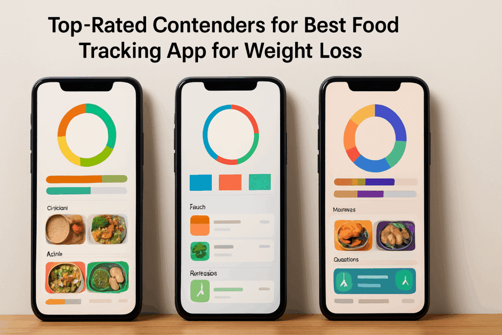 Three mobile screens displaying different calorie tracking apps side-by-side, highlighting top choices among the Best Calorie Tracker Apps for 2025.