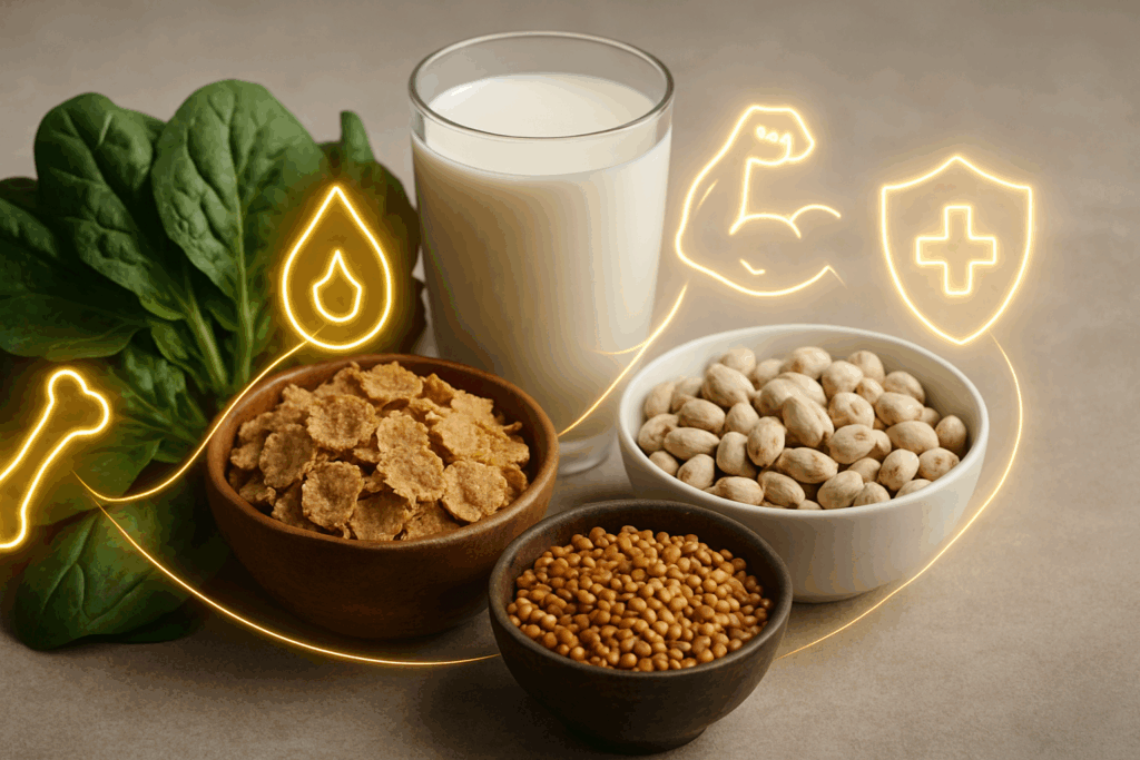 Assortment of healthy foods symbolizing macronutrients placed near visual indicators inspired by the daily value food picture.