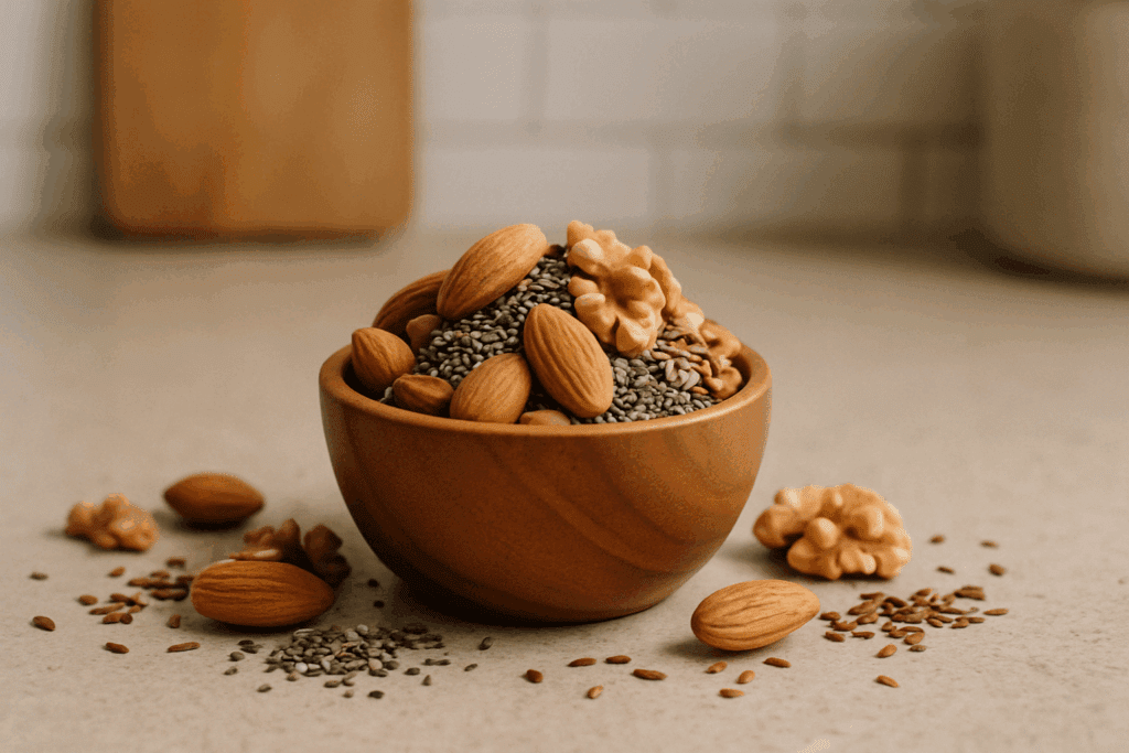 Natural assortment of blood sugar-friendly foods like kale, chia seeds, fatty fish, and oats representing Top Foods That Lower Blood Sugar Immediately.