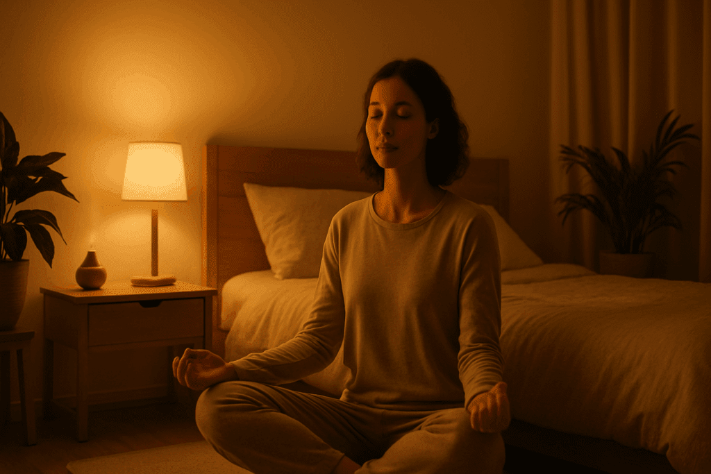 Person meditating in a cozy bedroom to emphasize relaxation and quality sleep as vital methods for controlling blood sugar.