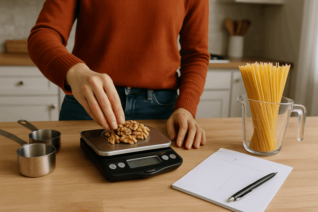 Person using a digital food scale to measure food precisely and calculate how many calories are in 2 servings at home.