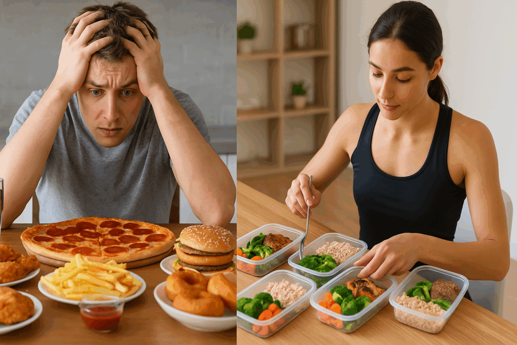 Balanced display of protein, carbs, and healthy fats explaining how many calories should I eat to gain weight through macronutrients.