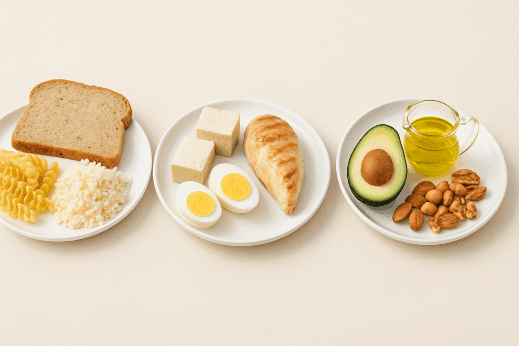 Three plates displaying carbohydrates, proteins, and fats, showing how macronutrients impact daily health and calorie allowance meaning.