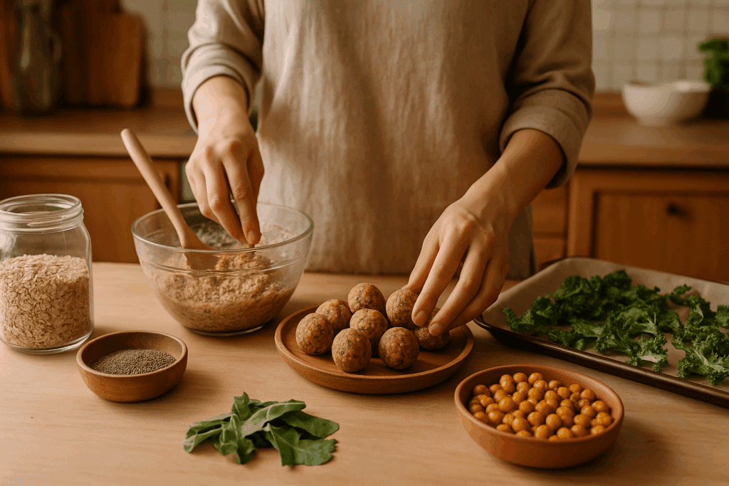 Homemade top rated healthy snacks for weight loss being prepared, featuring oat energy bites, kale chips, and roasted chickpeas.