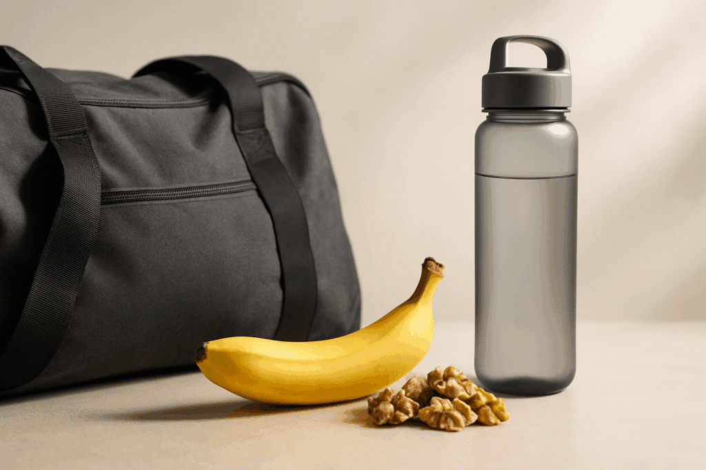 "Gym bag with banana, walnuts, and water bottle packed with the best snacks to eat for energy before or after workouts."