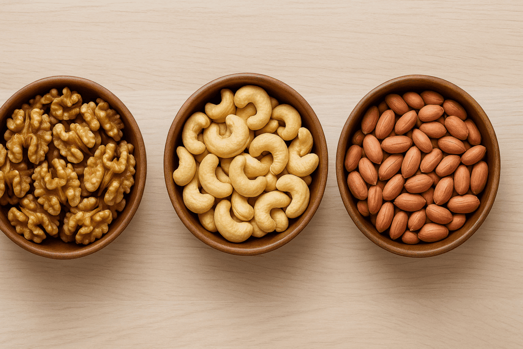 Selection of unsalted nuts including the best nuts for high cholesterol arranged beside fresh fruits