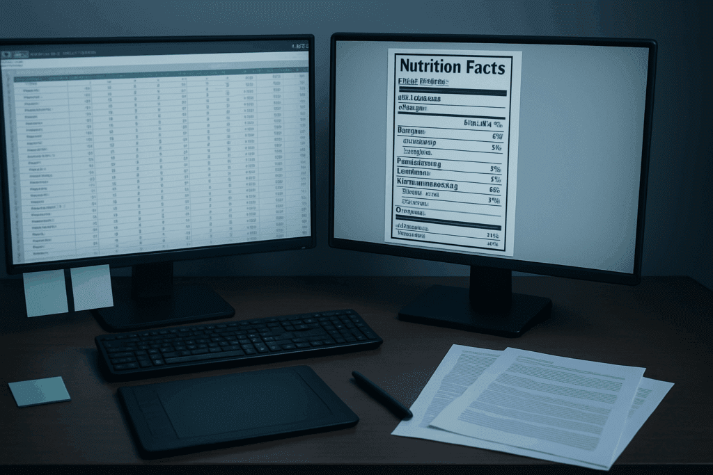 Side-by-side comparison of nutrition data and an editable nutrition facts label template on a designer’s dual monitor setup