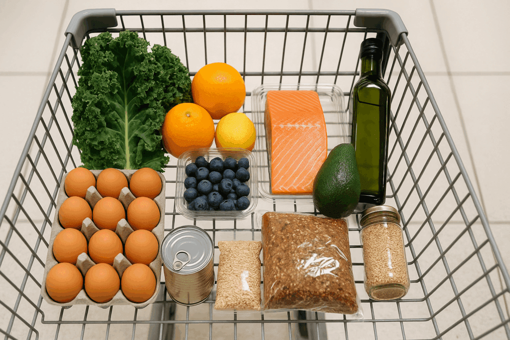 Shoppers browsing the outer aisles of a supermarket filled with whole foods, emphasizing a strategic healthy food list grocery method