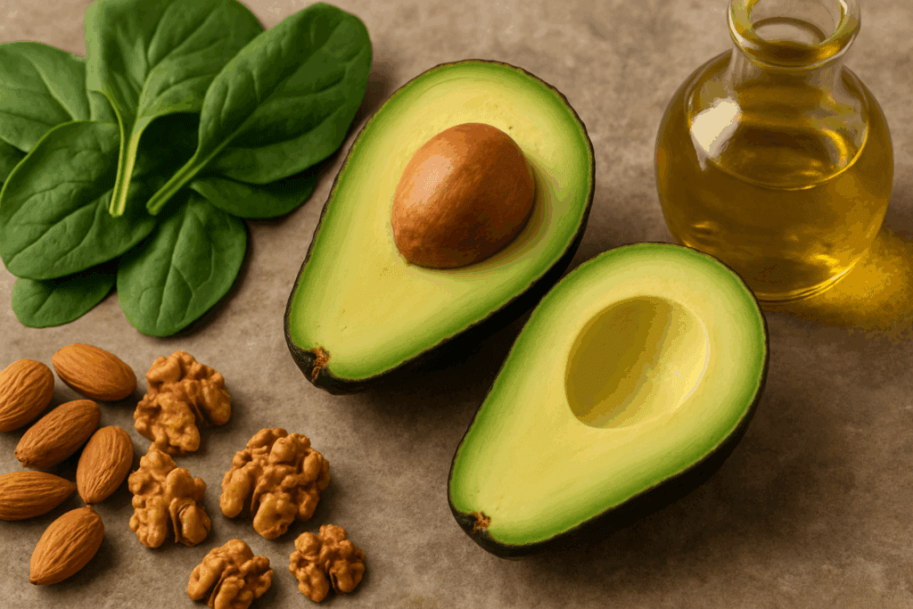 Halved avocados with visible pits on a stone surface, emphasizing their nutritional value in what are the 3 fruits for hormonal and heart health.