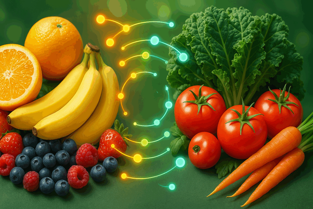 Elderly couple walking near a lush vegetable garden portraying aging wellness connected to what are 3 health fact for vegetables.