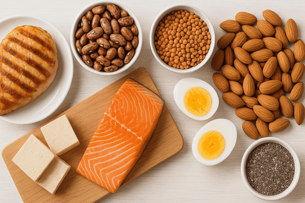 Fresh fruits, vegetables, grains, protein foods, and dairy arranged together to illustrate What Are the 5 Food Groups in a healthy diet