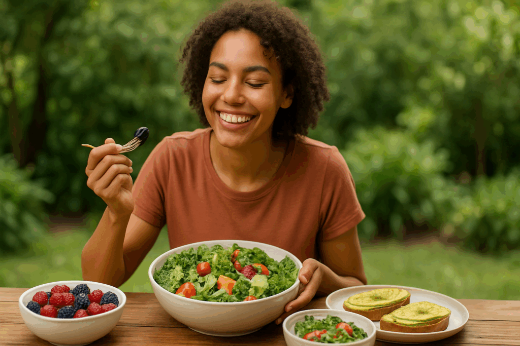 Flat-lay image of colorful basic fruits and vegetables categorized by color groups like red peppers, blueberries, bananas, and spinach.