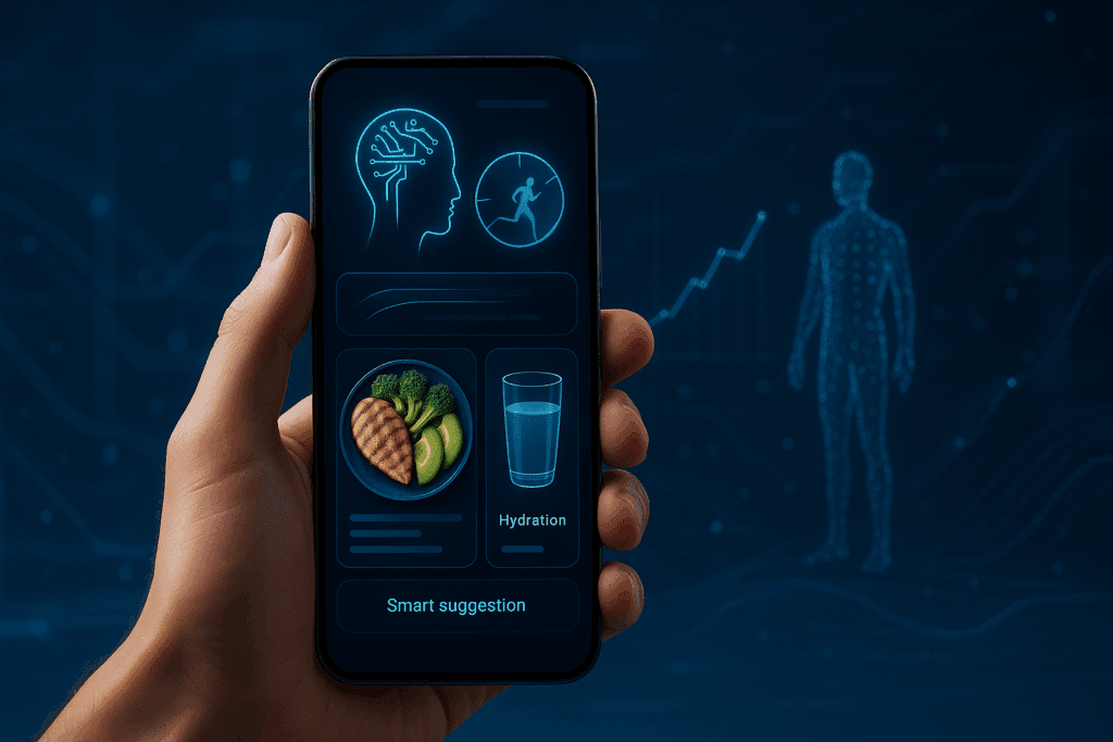 Futuristic smartphone app suggesting personalized meals with AI assistance, demonstrating innovation trends in the Best Calorie Tracker Apps.