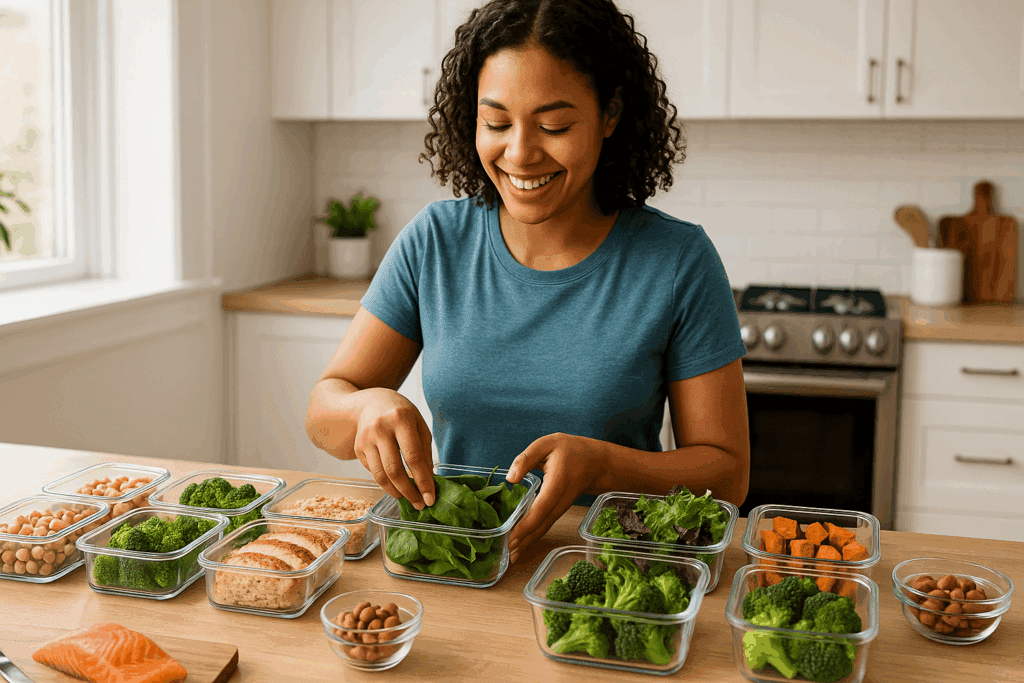 "Example of what to eat for prediabetes with colorful, fiber-rich foods like leafy greens, berries, and whole grains on a rustic table."