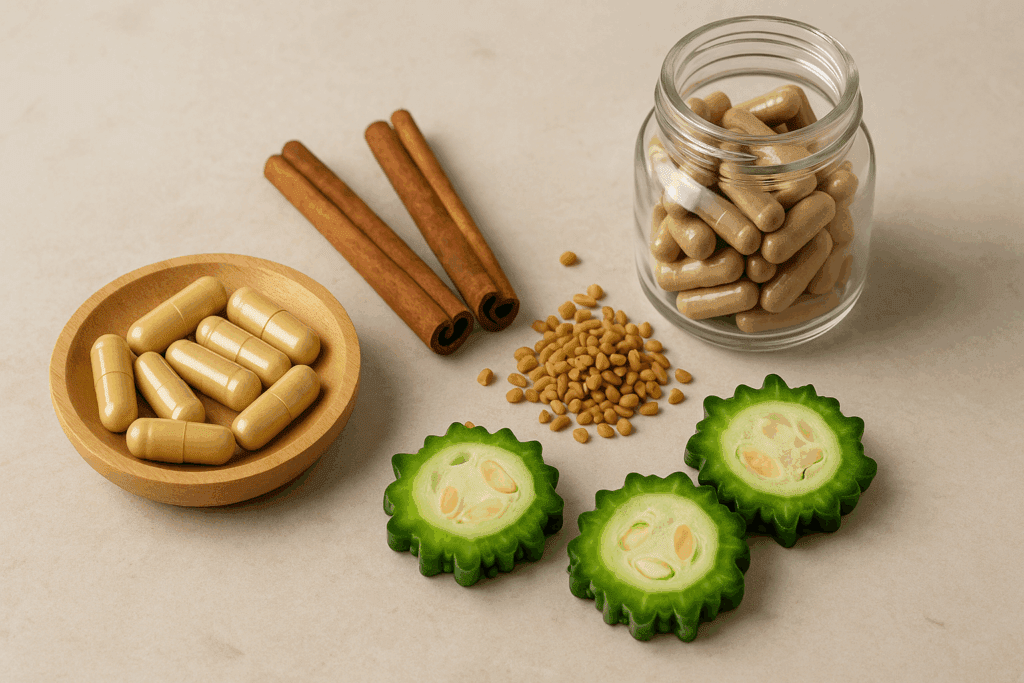 Natural remedies like cinnamon sticks, berberine capsules, and fenugreek seeds displayed for supporting controlling blood sugar naturally.