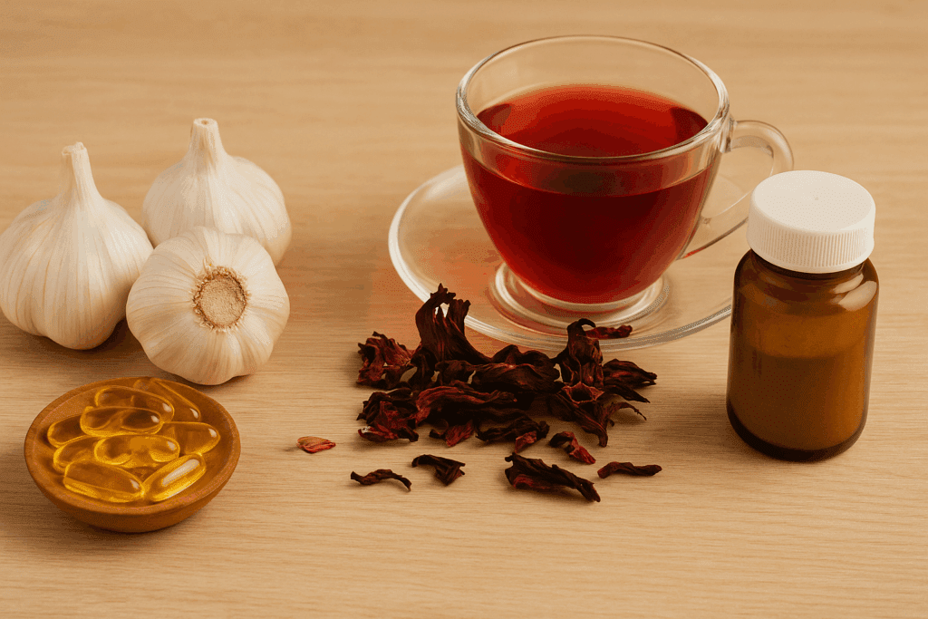 Arrangement of natural supplements like garlic, fish oil, and hibiscus tea supporting natural ways to lower blood pressure safely.