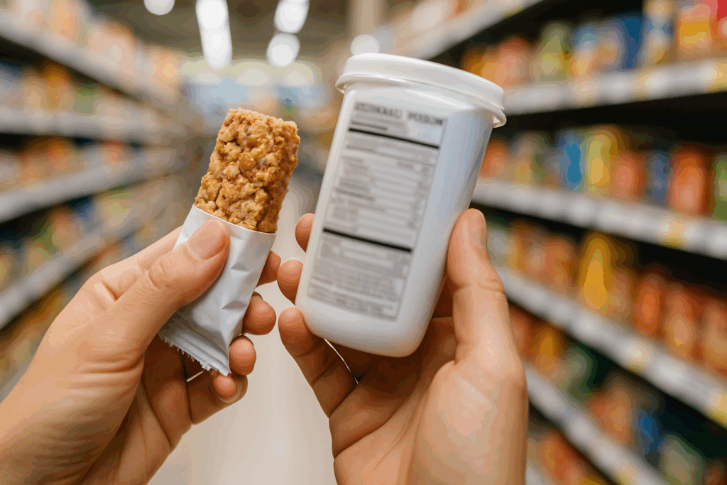 Person checking a food label in a grocery store, learning how serving sizes contribute to overall calorie allowance meaning.