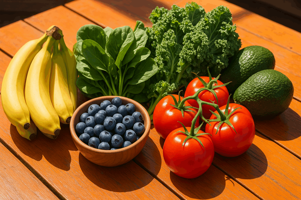 Colorful spread of bananas, blueberries, spinach, tomatoes, and avocados highlighting the best breakfast to lower blood pressure.