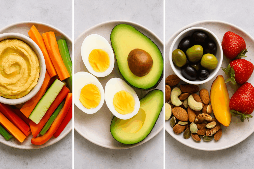 Colorful display of top rated healthy snacks for weight loss for different diets, like hummus, avocado, boiled eggs, and mixed fruits.