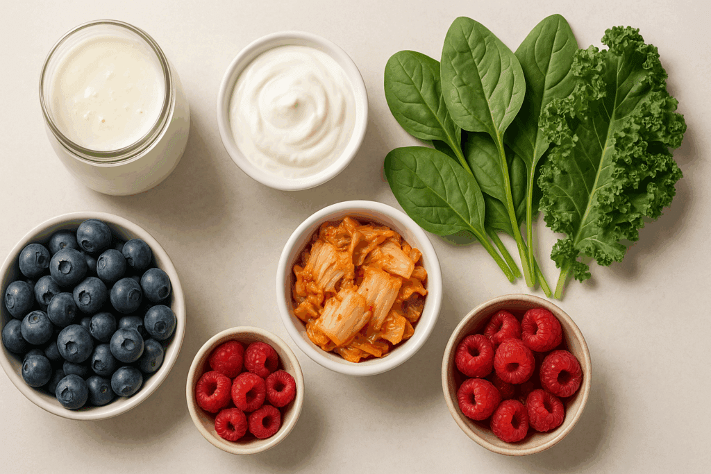 "Flat lay of kefir, yogurt, kimchi, berries, and greens representing the best snacks to eat for gut health and immune support."