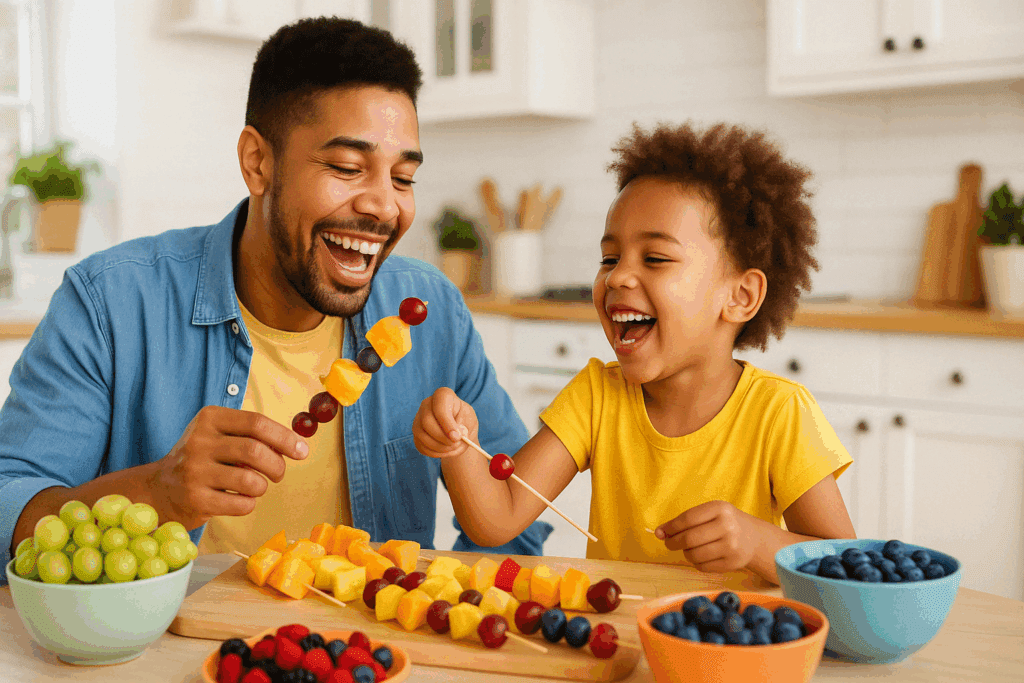 Preschooler focused on drawing beside a plate of berries and bananas, representing the brain-supporting nutrients of fruit
