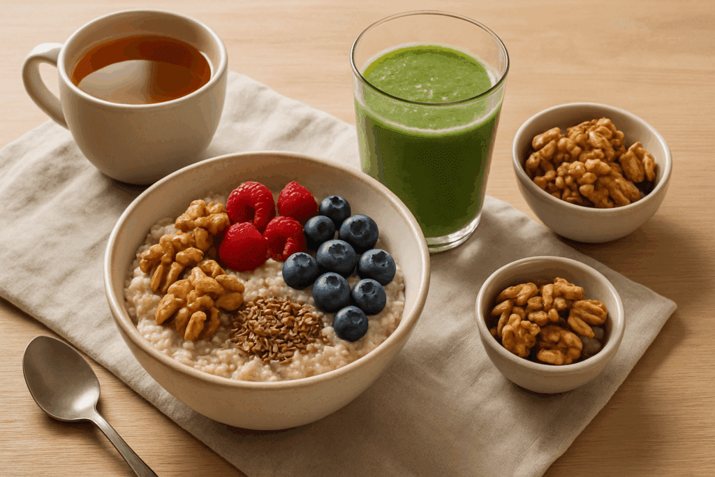 Oatmeal topped with walnuts and berries as part of a meal plan using the best nuts for high cholesterol