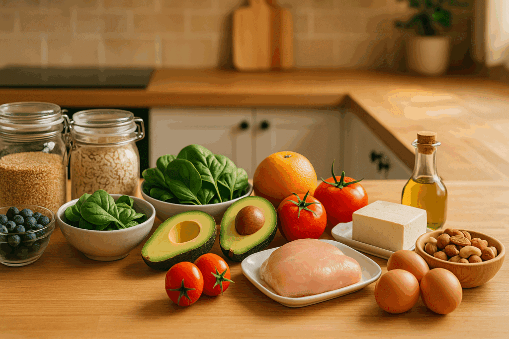 Meal-prepped containers with fresh ingredients and pantry staples on a clean kitchen counter as part of a practical healthy food list grocery system