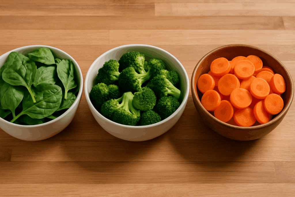 Bowls of spinach, broccoli, and carrots on a rustic table showcasing top picks tied to what are 3 health fact for vegetables.