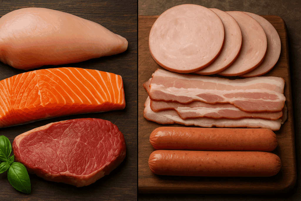 Various low salt meats including fresh poultry, beef, and seafood styled with herbs, educating on which meat has the least salt.