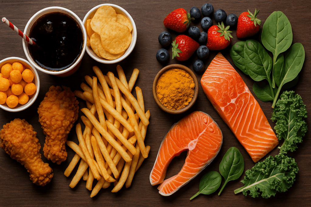 Visual diagram of person choosing between wellness goals like fitness and heart health to find the best fit among different types of diets.
