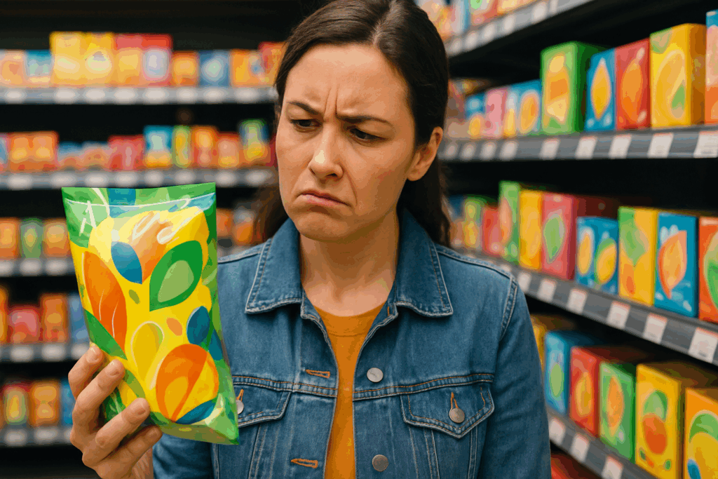 Dietitian showing a patient how to read food labels using a sample packaged snack during a nutrition consultation