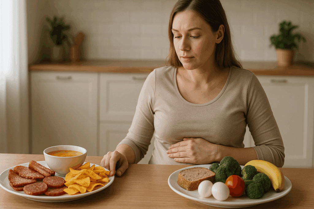 Illustration of a woman adjusting her hydration and meal choices based on insights from a pregnancy calorie calculator on her tablet.