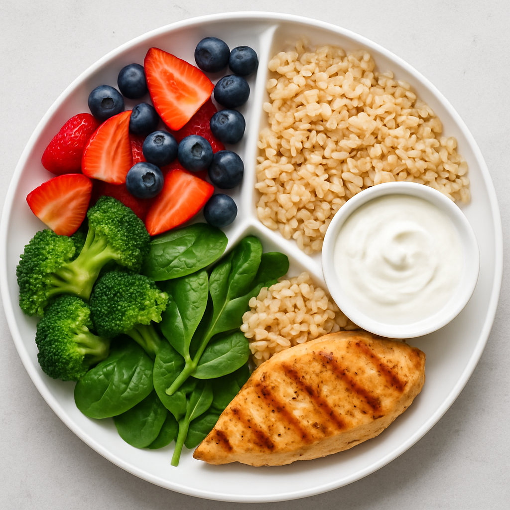 Balanced assortment of fruits, vegetables, grains, proteins, and dairy representing What Are the 5 Food Groups