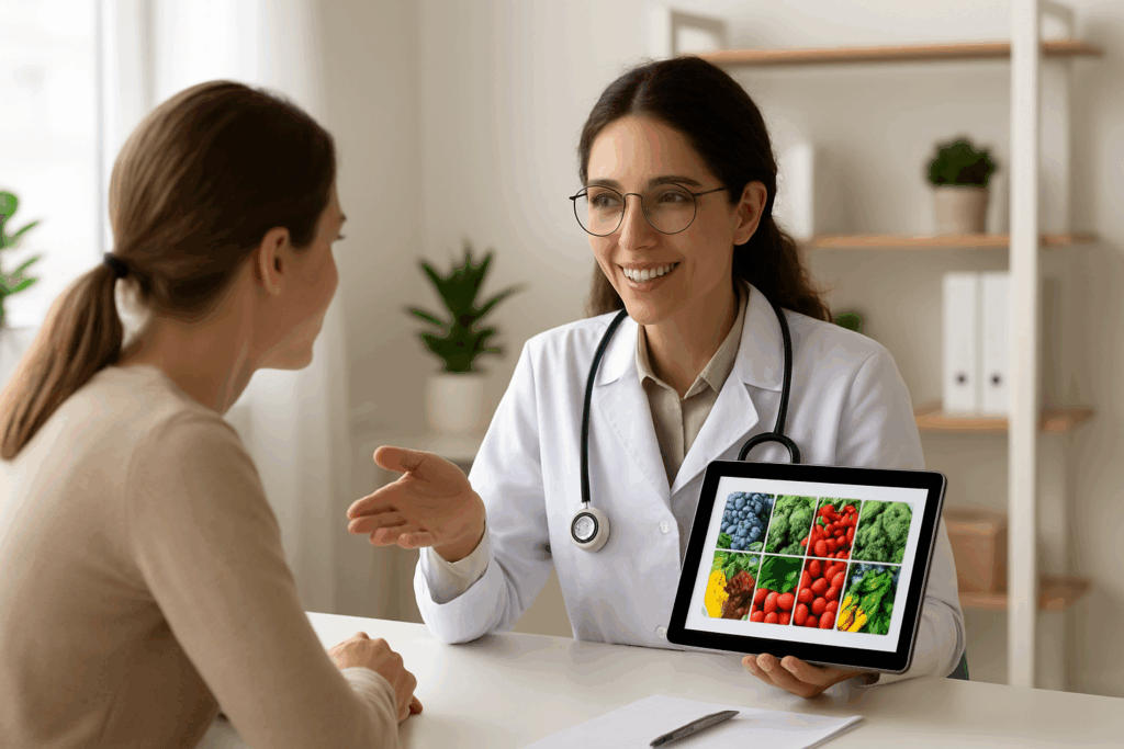 Doctor holding a nutrition guide featuring basic fruits and vegetables to encourage healthy lifestyle changes and disease prevention.