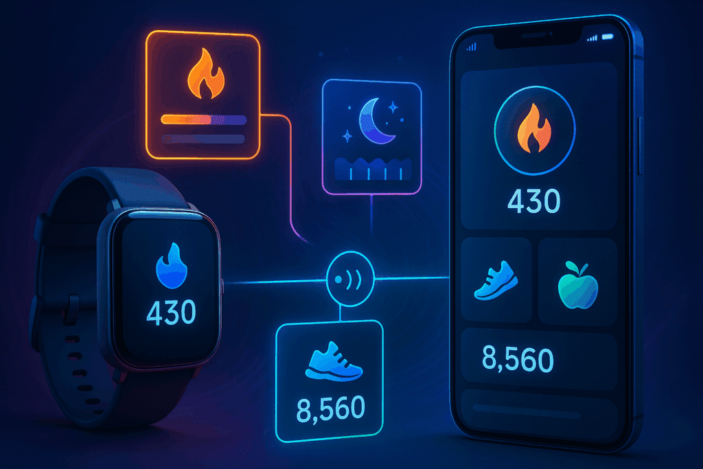 Smartwatch syncing fitness data with a mobile calorie tracker app, emphasizing full-body wellness features offered by the Best Calorie Tracker Apps.