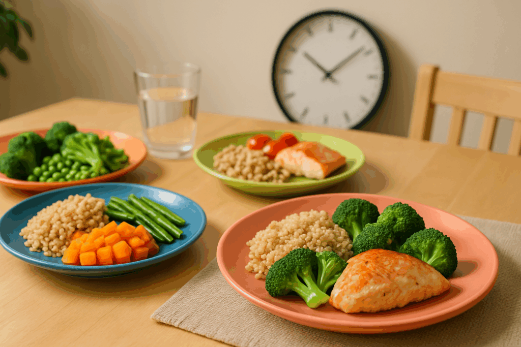 Nutritious diet visual showing salmon, avocado, lentils, and vegetables to illustrate what to eat for prediabetes naturally."