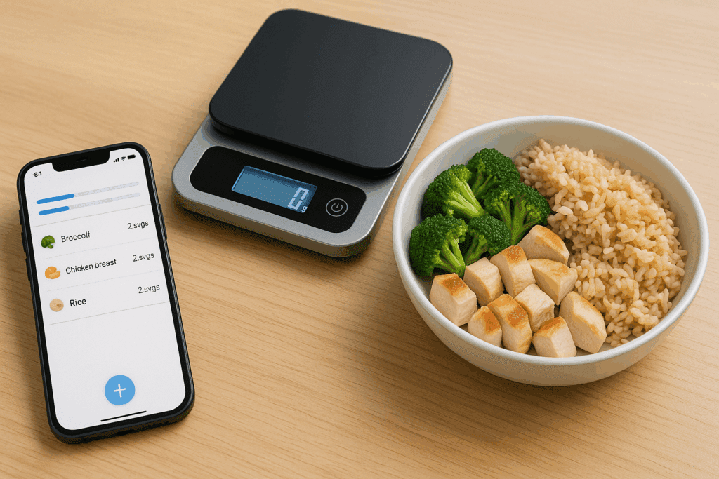 Person weighing food on a kitchen scale while checking a smartphone app to calculate how many calories are in 2 servings.