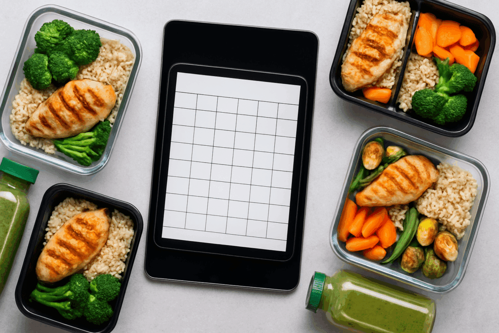 Smart kitchen scale and food tracking app syncing data to help calculate how many calories should I eat to gain weight accurately.
