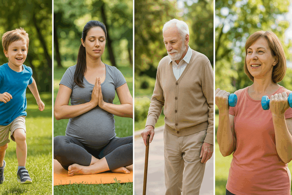 Montage of different life stages from childhood to senior adulthood, highlighting how life changes influence calorie allowance meaning.