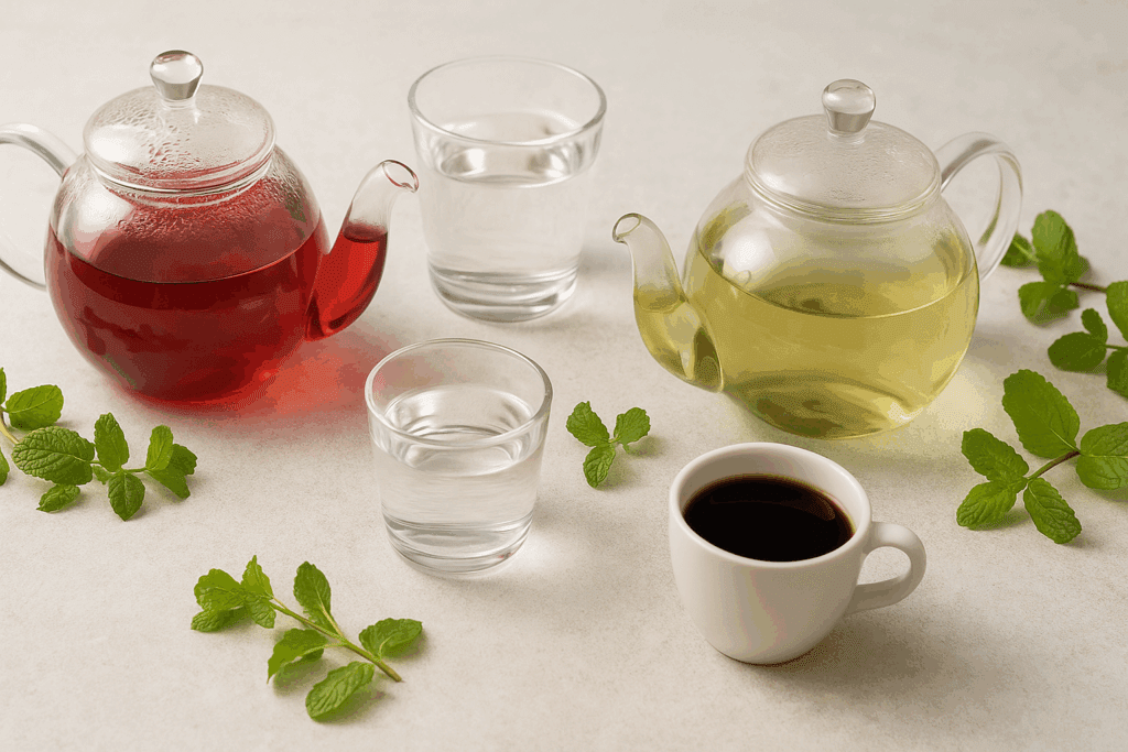 Herbal tea, water, and black coffee on a breakfast table as part of the best breakfast to lower blood pressure.